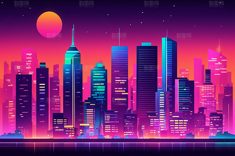 霓虹城市科技感建筑插画