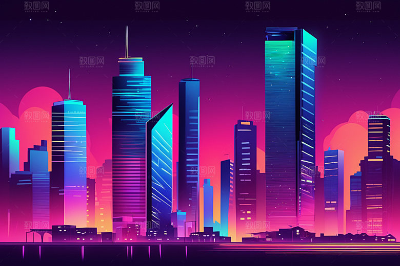 霓虹城市未来建筑插画