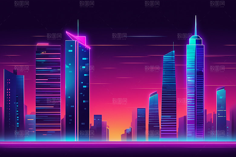 霓虹城市彩色地标插画
