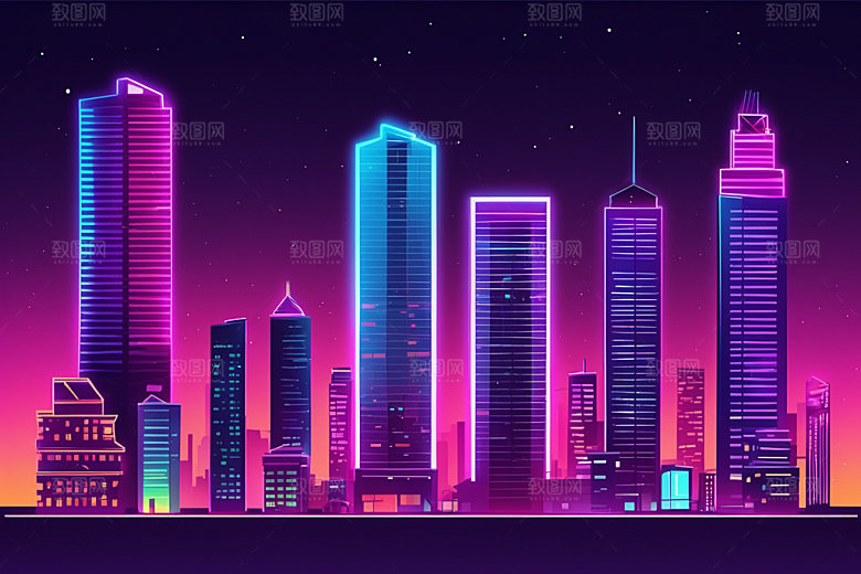 霓虹城市彩色时尚插画