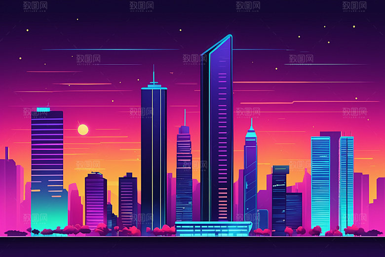 霓虹城市赛博朋克建筑插画