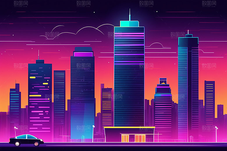 霓虹城市彩色都市插画
