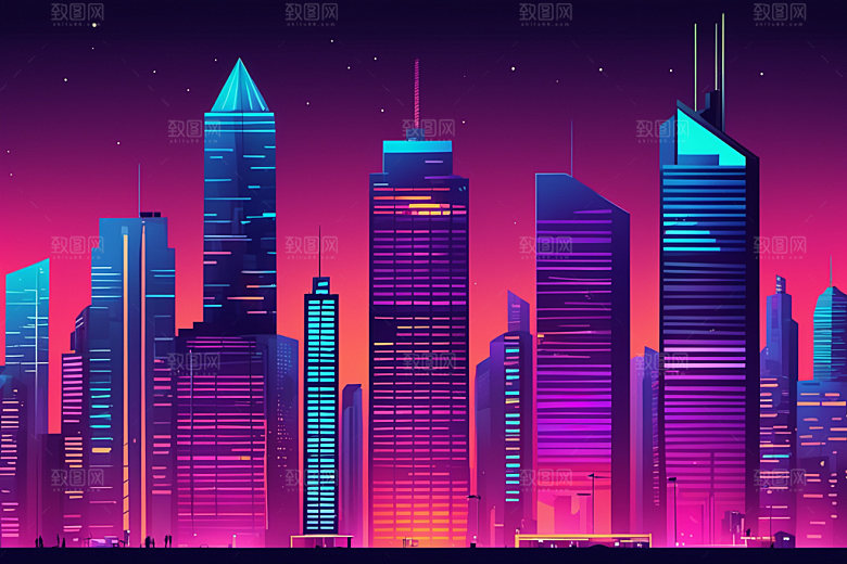 霓虹城市科技感未来插画