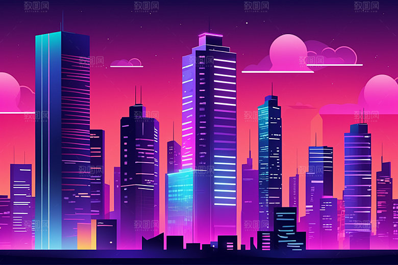 霓虹城市元素彩色插画