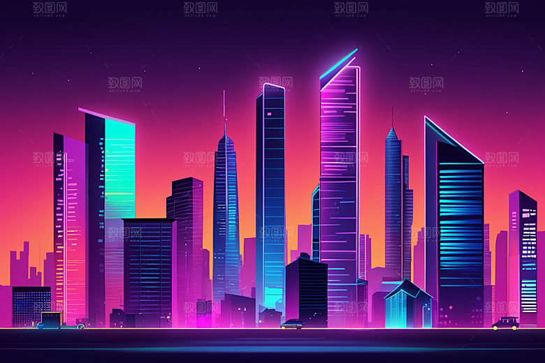 霓虹城市彩色建筑插画
