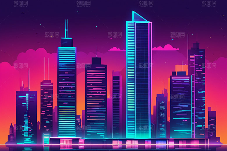 霓虹城市建筑未来插画