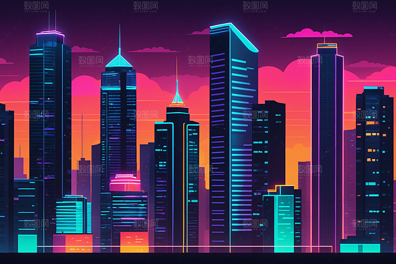 霓虹城市元素建筑插画
