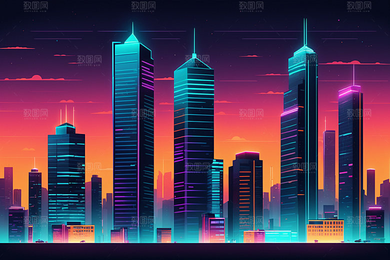 霓虹城市彩色建筑插画