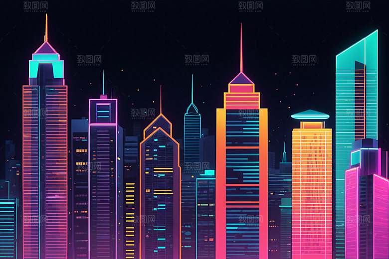 霓虹城市地标彩色插画