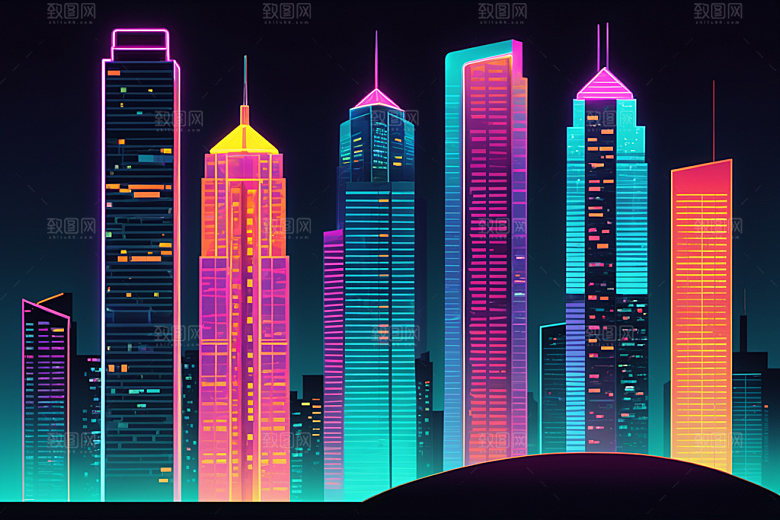 霓虹城市彩色赛博朋克插画