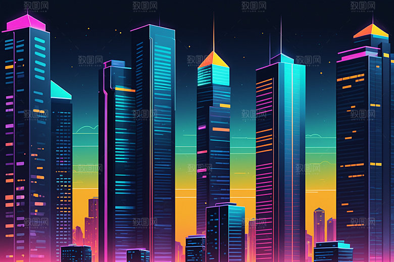 霓虹城市建筑未来插画