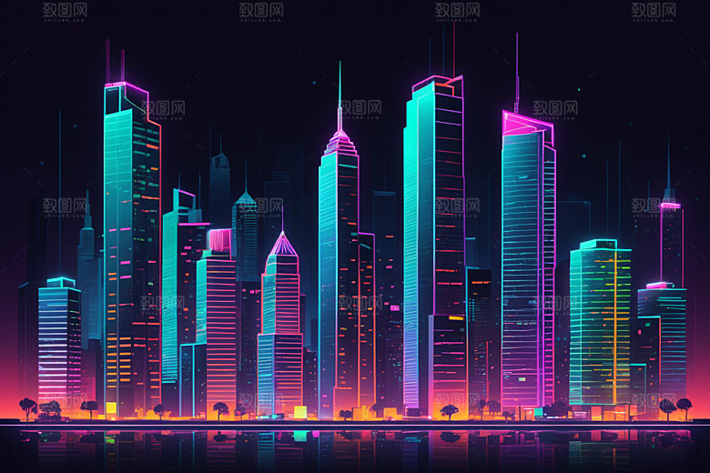 霓虹城市科技感都市插画