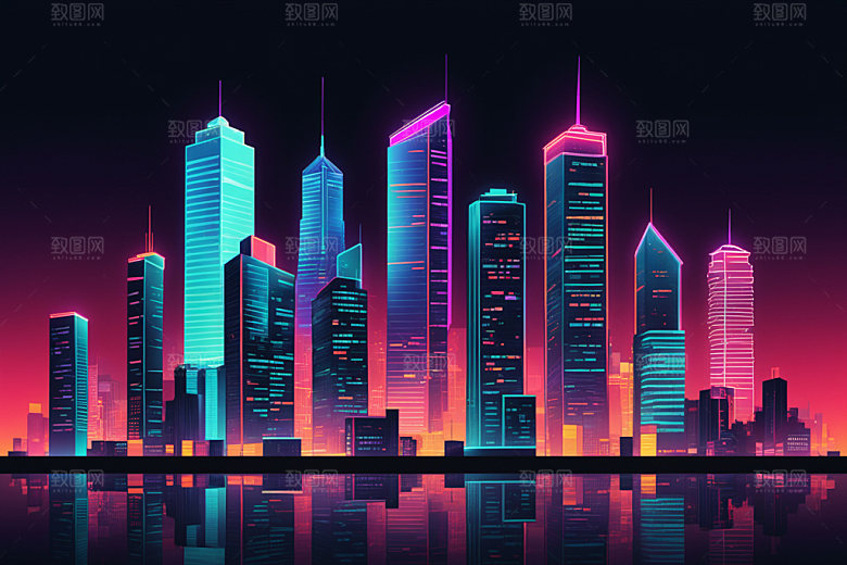 霓虹城市赛博朋克科技感插画