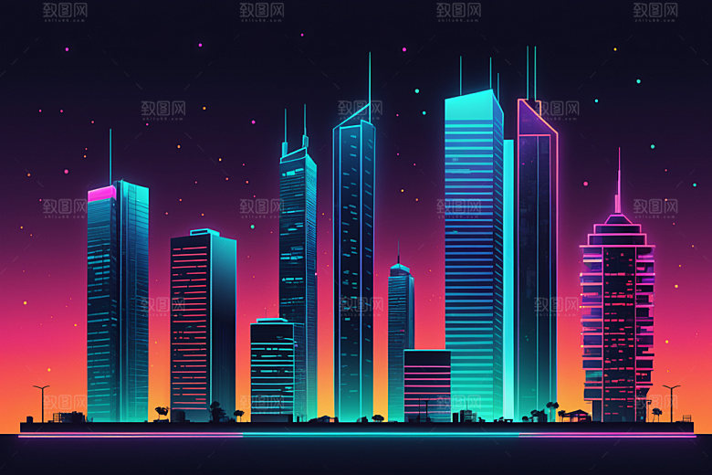 霓虹城市都市赛博朋克插画