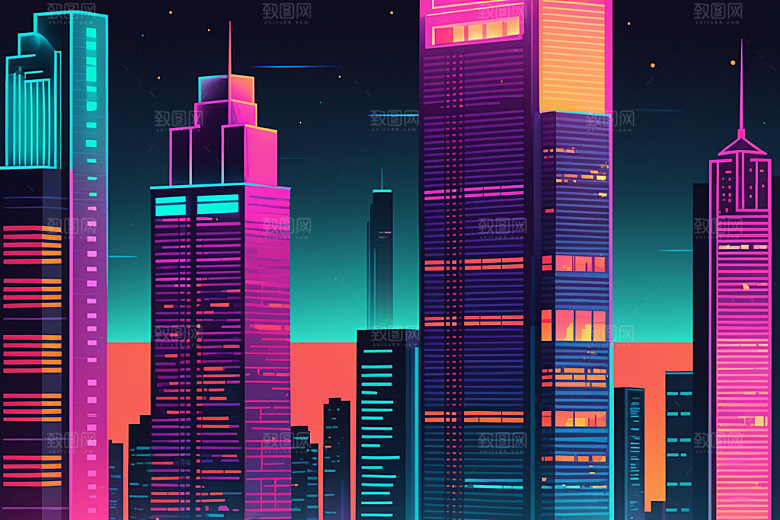 霓虹城市科技感未来插画