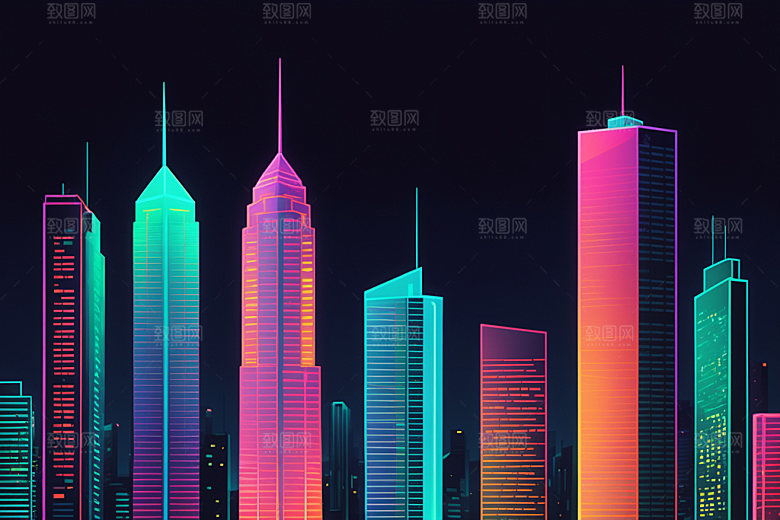 霓虹城市未来地标插画