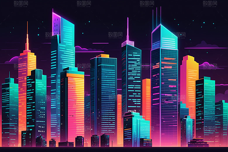 霓虹城市元素未来插画