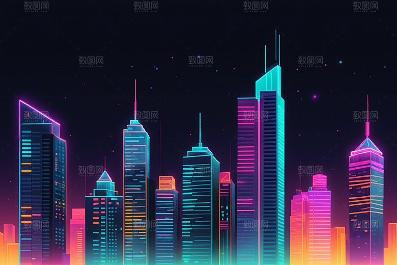 霓虹城市建筑都市插画