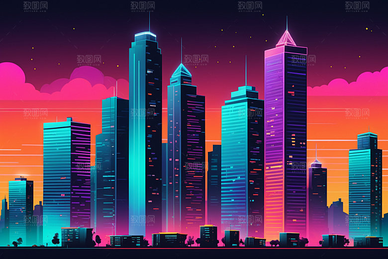 霓虹城市科技感都市插画