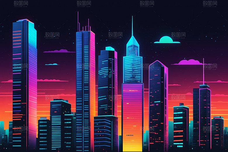 霓虹城市赛博朋克未来插画