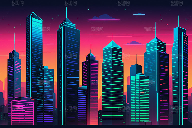 霓虹城市地标都市插画