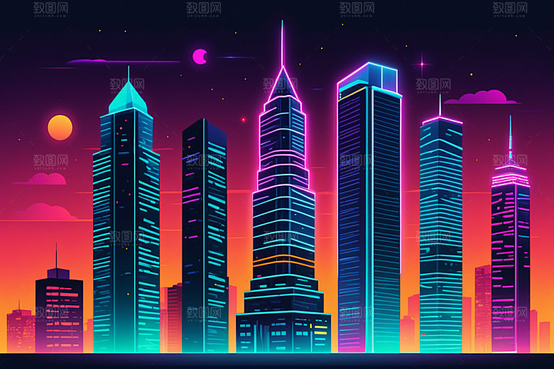 霓虹城市时尚赛博朋克插画