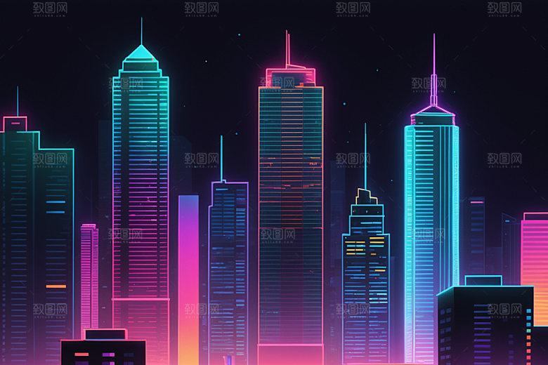 霓虹城市彩色科技感插画
