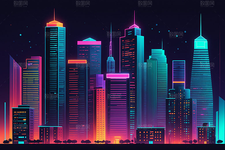 霓虹城市赛博朋克未来插画