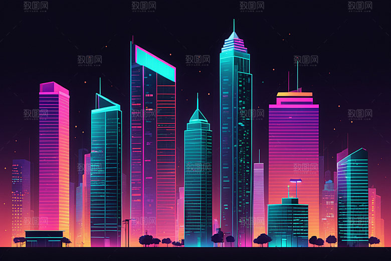 霓虹城市未来赛博朋克插画