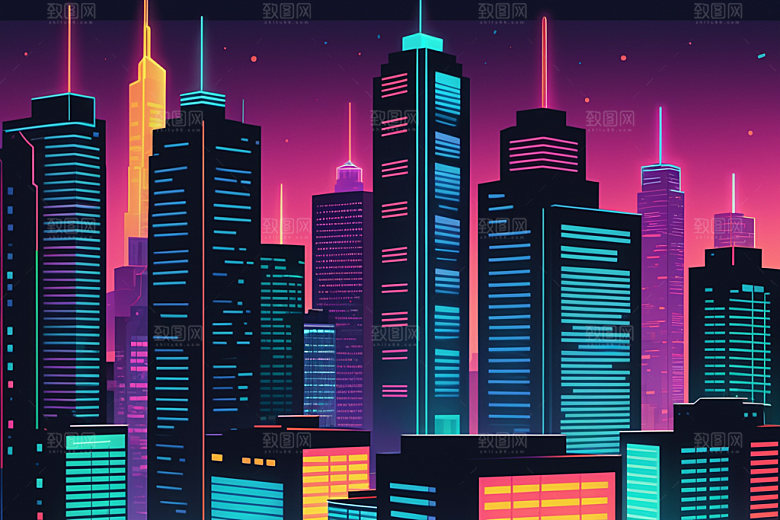 霓虹城市时尚地标插画