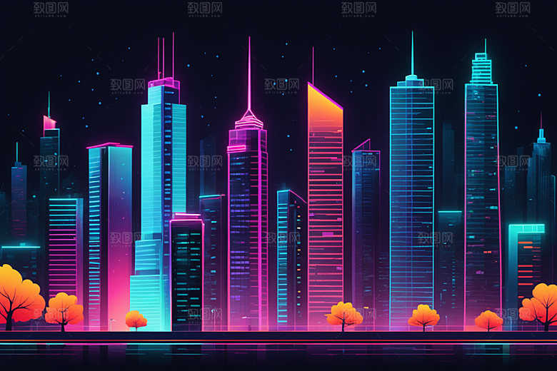 霓虹城市科技感建筑插画