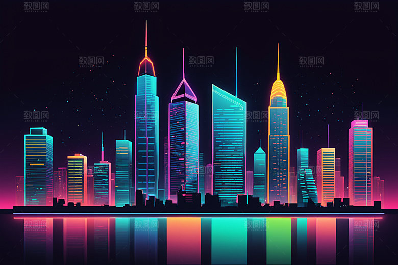 霓虹城市彩色地标插画