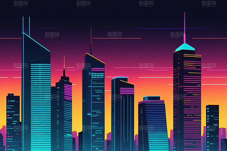 霓虹城市都市建筑插画