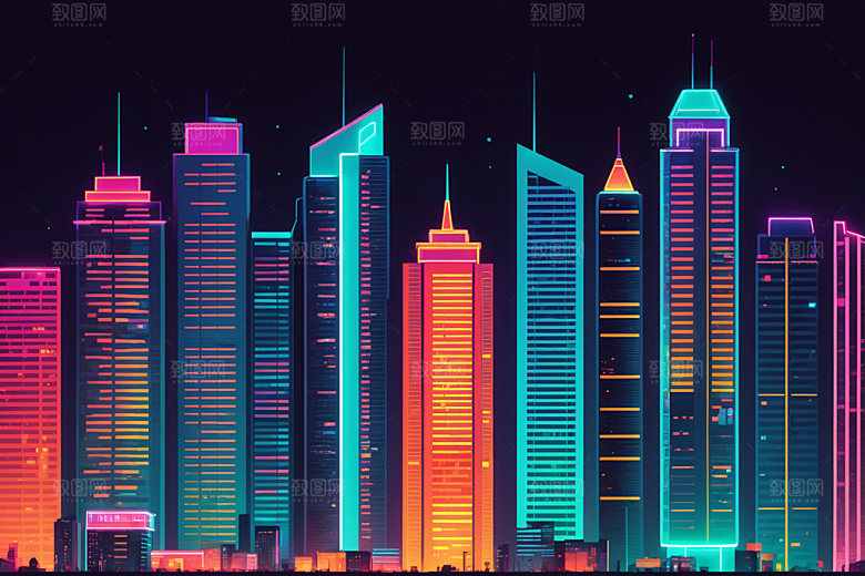 霓虹城市建筑元素插画