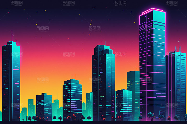 霓虹城市科技感未来插画