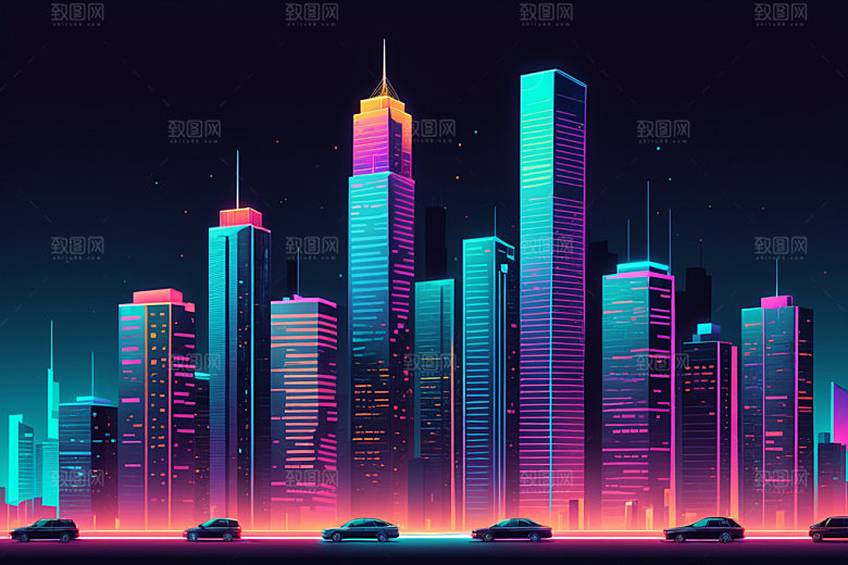 霓虹城市赛博朋克地标插画