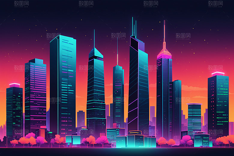 霓虹城市科技感彩色插画