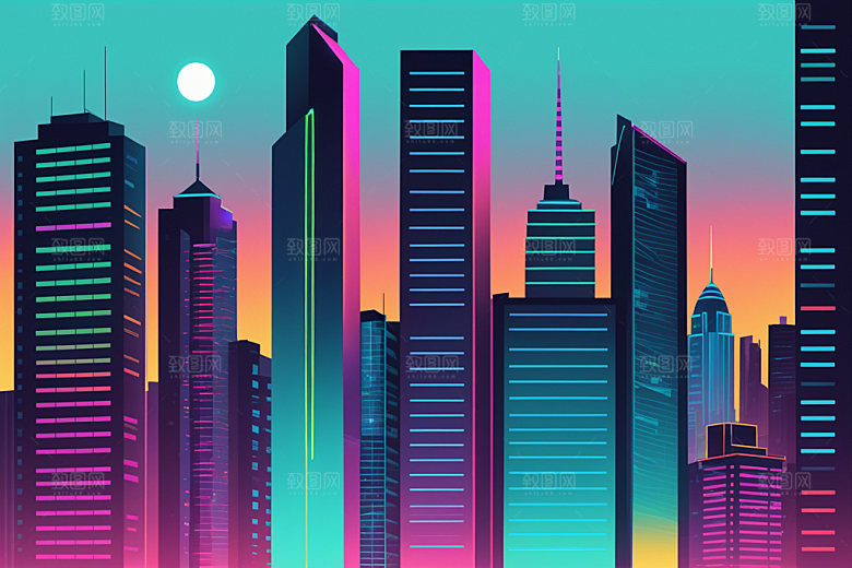 霓虹城市彩色元素插画