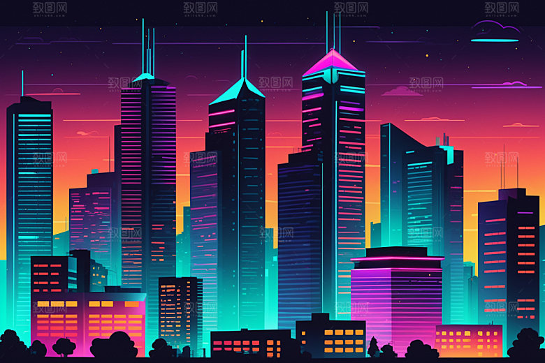 霓虹城市都市彩色插画