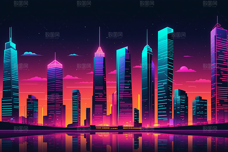 霓虹城市赛博朋克科技感插画