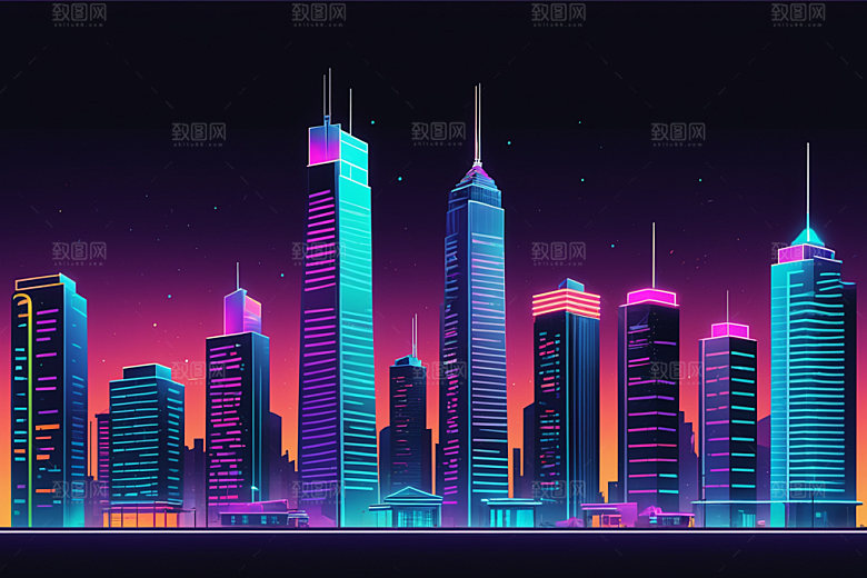 霓虹城市未来科技感插画