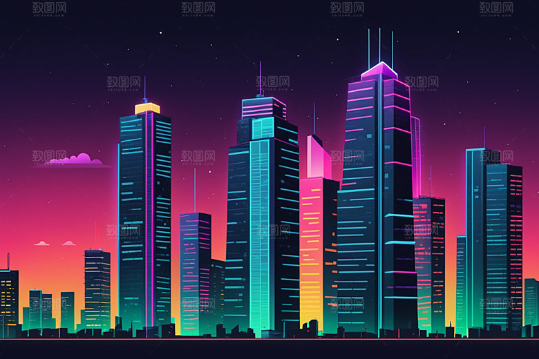 霓虹城市地标未来插画