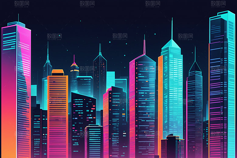 霓虹城市科技感元素插画