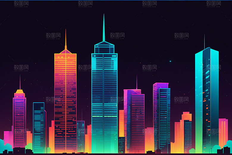 霓虹城市建筑彩色插画