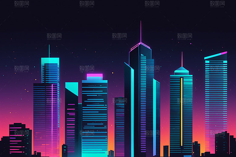 霓虹城市时尚地标插画