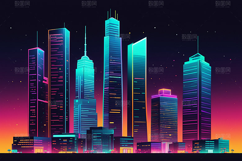 霓虹城市都市彩色插画