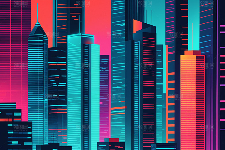霓虹城市都市赛博朋克插画