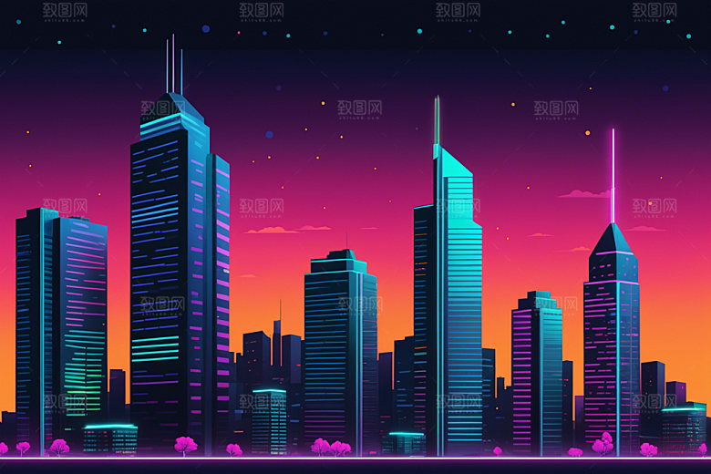 霓虹城市彩色未来插画