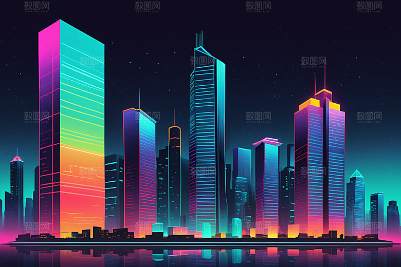 霓虹城市科技感建筑插画
