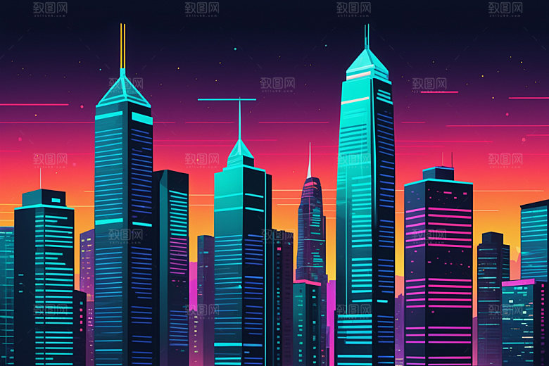 霓虹城市时尚建筑插画